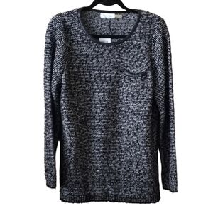 Calvin Klein Biker Faux Leather Neckline Sweater Large Black White NWT $99.50